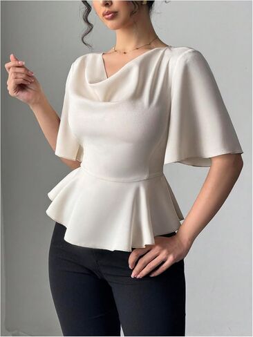 Oyoangle للسيدات الأنيقة قرنين العنق الكشكش القصيرة القصيرة بلوزة العمل الأنيقة قمة peplum عارض in Saudi Arabia