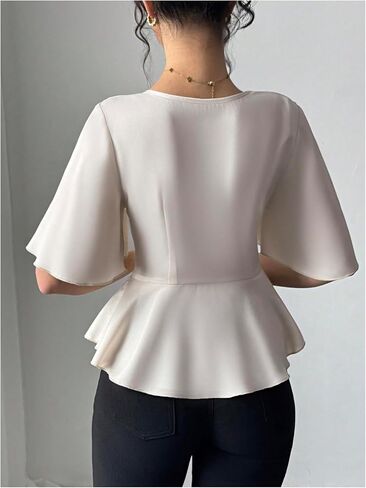 Oyoangle للسيدات الأنيقة قرنين العنق الكشكش القصيرة القصيرة بلوزة العمل الأنيقة قمة peplum عارض in Saudi Arabia