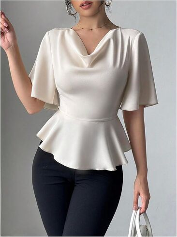 Oyoangle للسيدات الأنيقة قرنين العنق الكشكش القصيرة القصيرة بلوزة العمل الأنيقة قمة peplum عارض in Saudi Arabia