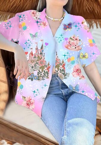 Magical Shirt for Women Hawaiian Holiday Vacation Button Down Top King Dom Fairy Tale Graphic Tshirt in Kuwait