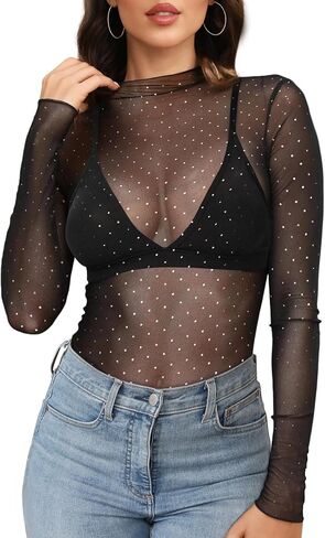 Buauty Sparkle Shime Mesh Lace Top للنساء يرون من خلال قمصان الطبقات طويلة الأكمام الصخرية القمصان t 2025 الموضة in Saudi Arabia