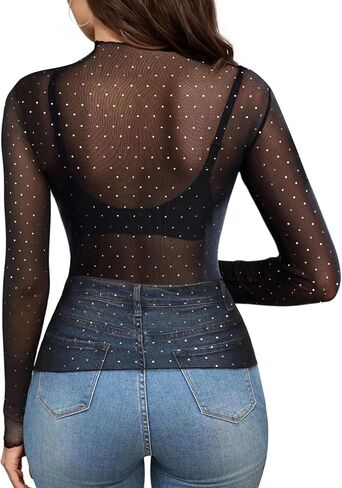 Buauty Sparkle Shime Mesh Lace Top للنساء يرون من خلال قمصان الطبقات طويلة الأكمام الصخرية القمصان t 2025 الموضة in Saudi Arabia