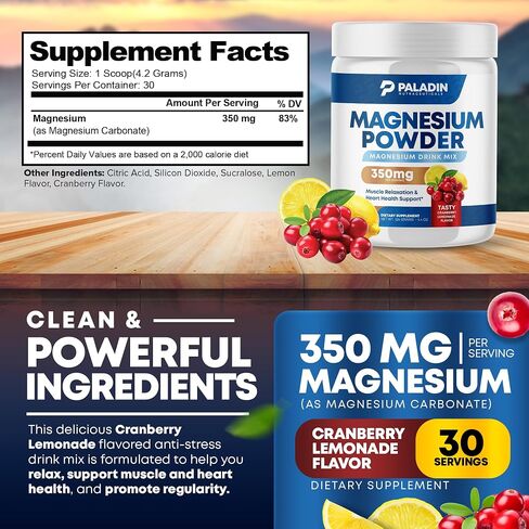 Magnesium Powder - Anti-Stress Drink Mix for Calm & Regularity - Magnesium Citrate Supplement - Relaxation, Muscle & Heart Support - Cranberry Lemonade Flavor - 30 Servings in Saudi Arabia