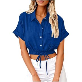 Womens Cropped Button Down Shirt Drawstring Waist Blouse Short Sleeve Casual Loose Fit Tops Summer Crop Shirts in Saudi Arabia