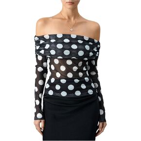 MakeMeChic Women's Polka Dots Top Mesh Off The Shoulder Blouses Ruched Long Sleeve Blouse Top in Saudi Arabia