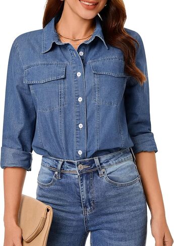 GRAPENT Denim Button Down Shirts for Women Long Sleeve Western Casual Lightweight Collared Pocket Jean Shirt Shacket Top in Saudi Arabia