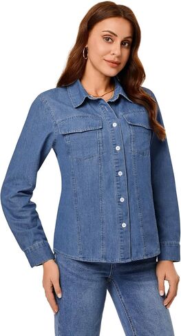 GRAPENT Denim Button Down Shirts for Women Long Sleeve Western Casual Lightweight Collared Pocket Jean Shirt Shacket Top in Saudi Arabia