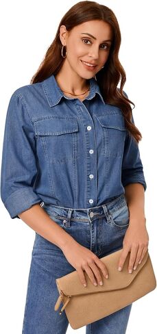 GRAPENT Denim Button Down Shirts for Women Long Sleeve Western Casual Lightweight Collared Pocket Jean Shirt Shacket Top in Saudi Arabia