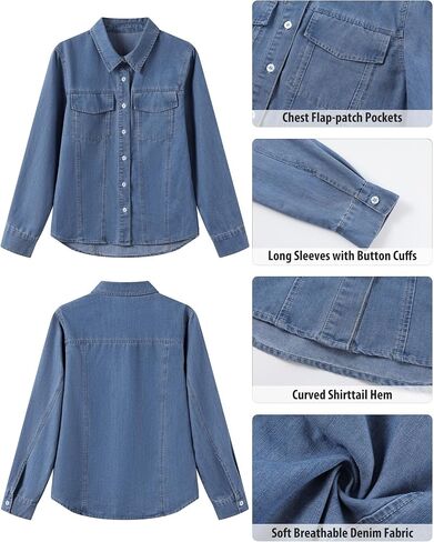 GRAPENT Denim Button Down Shirts for Women Long Sleeve Western Casual Lightweight Collared Pocket Jean Shirt Shacket Top in Saudi Arabia