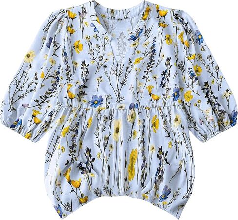 SOLY HUX Women's Plus Size Tops Floral Print Notched V Neck 3/4 Sleeve Ruffle Hem Peplum Summer Blouse in Saudi Arabia