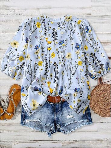 SOLY HUX Women's Plus Size Tops Floral Print Notched V Neck 3/4 Sleeve Ruffle Hem Peplum Summer Blouse in Saudi Arabia