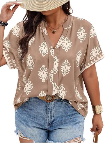 Women's Plus Size Graphic Blouse Short Sleeve Notched V Neck Boho Shirt Tops in Saudi Arabia