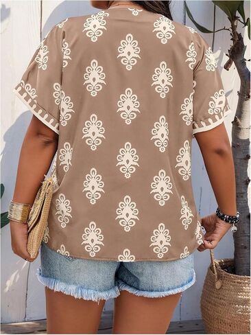 Women's Plus Size Graphic Blouse Short Sleeve Notched V Neck Boho Shirt Tops in Saudi Arabia