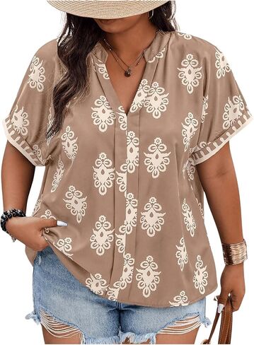 Women's Plus Size Graphic Blouse Short Sleeve Notched V Neck Boho Shirt Tops in Saudi Arabia