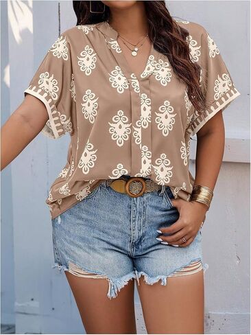 Women's Plus Size Graphic Blouse Short Sleeve Notched V Neck Boho Shirt Tops in Saudi Arabia