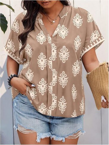 Women's Plus Size Graphic Blouse Short Sleeve Notched V Neck Boho Shirt Tops in Saudi Arabia