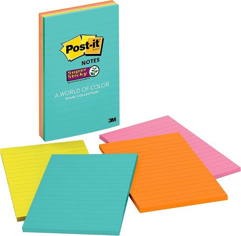 Post-it Super Sticky Lined Notes, 4 Sticky Note Pads, 4 x 6 in., School Supplies, Office Products, Sticky Notes for Vertical Surfaces, Monitors, Walls and Windows, Energy Boost Collection in Saudi Arabia