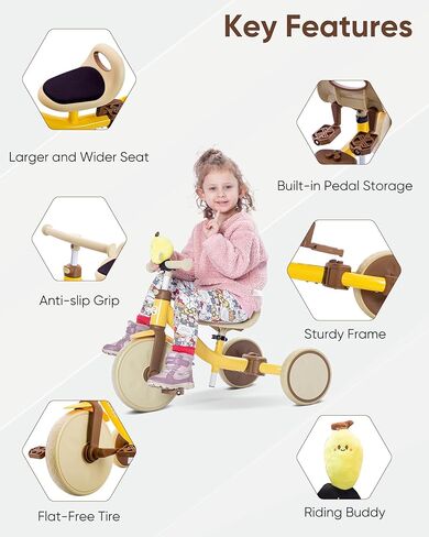 5-in-1 Kids Tricycle for Toddlers 1.5-3, Tool-Free Convertible Kids Push Trike to Balance Bike, Safety Belt, Removable Backrest and Footrest, Ride-On Toy for Boys & Girls, Pink in Kuwait