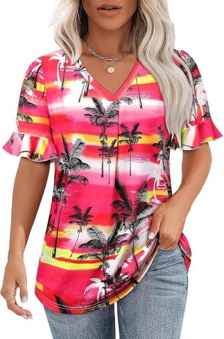 Womens V Neck Hawaiian Shirts Floral Printed Ruffle Short Sleeve Summer Casual T-Shirt Trendy Beach Blouses Tops in Saudi Arabia
