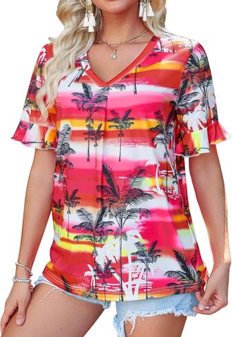 Womens V Neck Hawaiian Shirts Floral Printed Ruffle Short Sleeve Summer Casual T-Shirt Trendy Beach Blouses Tops in Saudi Arabia