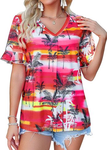 Womens V Neck Hawaiian Shirts Floral Printed Ruffle Short Sleeve Summer Casual T-Shirt Trendy Beach Blouses Tops in Saudi Arabia