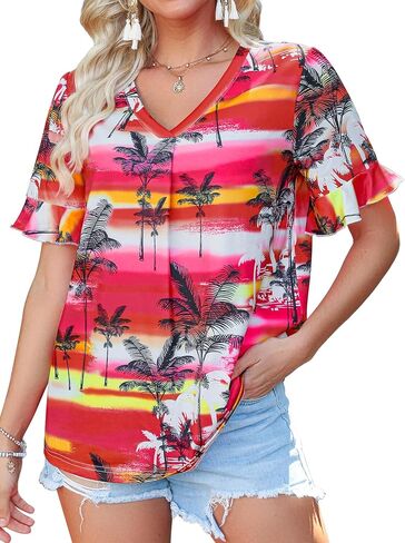 Womens V Neck Hawaiian Shirts Floral Printed Ruffle Short Sleeve Summer Casual T-Shirt Trendy Beach Blouses Tops in Saudi Arabia
