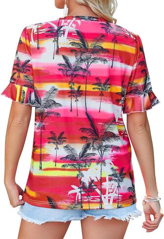 Womens V Neck Hawaiian Shirts Floral Printed Ruffle Short Sleeve Summer Casual T-Shirt Trendy Beach Blouses Tops in Saudi Arabia