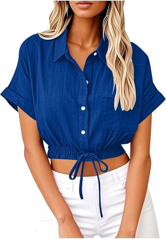 Womens Cropped Button Down Shirt Drawstring Waist Blouse Short Sleeve Casual Loose Fit Tops Summer Crop Shirts in Saudi Arabia