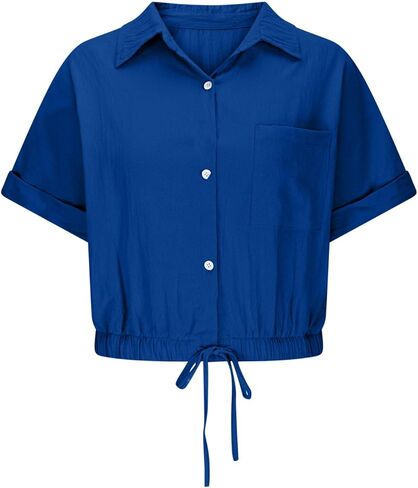 Womens Cropped Button Down Shirt Drawstring Waist Blouse Short Sleeve Casual Loose Fit Tops Summer Crop Shirts in Saudi Arabia