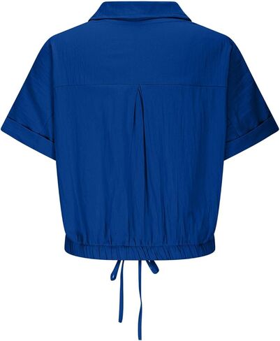 Womens Cropped Button Down Shirt Drawstring Waist Blouse Short Sleeve Casual Loose Fit Tops Summer Crop Shirts in Saudi Arabia