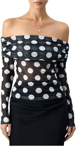 MakeMechic Women's Polka Dots Top Mesh of the Counder Blouses Ruched Long Sleeve Blouse Top in Saudi Arabia