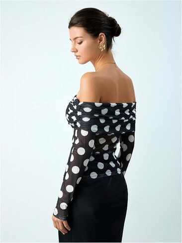 MakeMechic Women's Polka Dots Top Mesh of the Counder Blouses Ruched Long Sleeve Blouse Top in Saudi Arabia