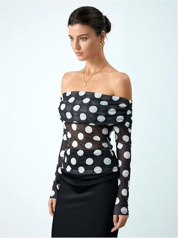 MakeMechic Women's Polka Dots Top Mesh of the Counder Blouses Ruched Long Sleeve Blouse Top in Saudi Arabia