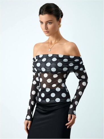 MakeMechic Women's Polka Dots Top Mesh of the Counder Blouses Ruched Long Sleeve Blouse Top in Saudi Arabia