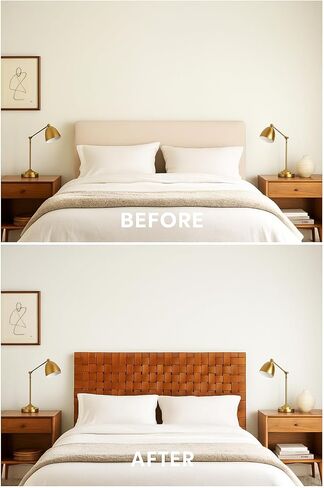 Moroccan Leather Weave Full Headboard, Handwoven Genuine Leather, Adjustable Height, Natural Brown, Freestanding Braided Design (Full) in Saudi Arabia