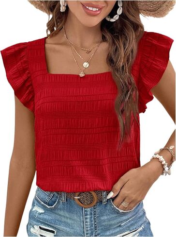 Floerns Women's Ruffle Cap Sleeve Square Neck Textured Summer Blouse Tops in Saudi Arabia