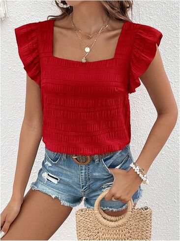 Floerns Women's Ruffle Cap Sleeve Square Neck Textured Summer Blouse Tops in Saudi Arabia