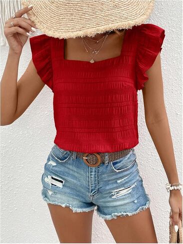 Floerns Women's Ruffle Cap Sleeve Square Neck Textured Summer Blouse Tops in Saudi Arabia