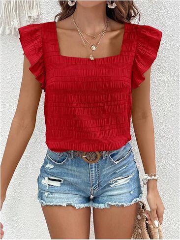 Floerns Women's Ruffle Cap Sleeve Square Neck Textured Summer Blouse Tops in Saudi Arabia