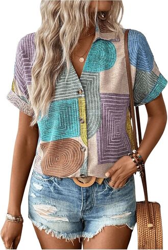 SHENHE Women's Button Down Short Sleeve Shirt V Neck Color Block Summer Top Boho Blouse in Saudi Arabia