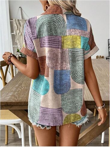 SHENHE Women's Button Down Short Sleeve Shirt V Neck Color Block Summer Top Boho Blouse in Saudi Arabia
