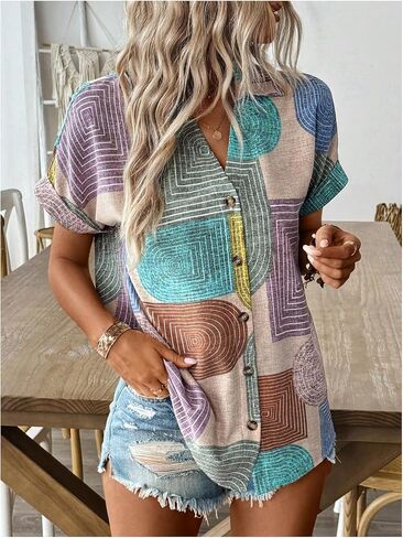 SHENHE Women's Button Down Short Sleeve Shirt V Neck Color Block Summer Top Boho Blouse in Saudi Arabia
