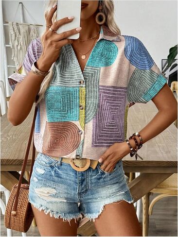 SHENHE Women's Button Down Short Sleeve Shirt V Neck Color Block Summer Top Boho Blouse in Saudi Arabia
