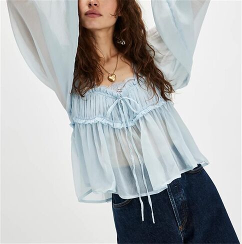 نساء ربطة عنق القميص الأمامي كارديجان الأكمام الطويلة شباك شباك نفخة بلوزة peplum y2k الخروج من أغطية الشارع in Kuwait