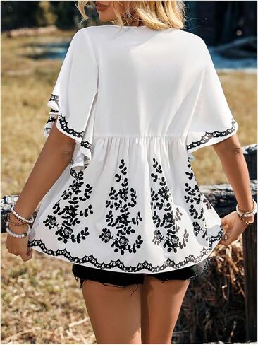 MakeMeChic Women's Floral Ruffle Sleeve Blouse Scoop Neck Peplum Shirt Tops in Saudi Arabia