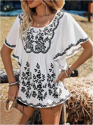 MakeMeChic Women's Floral Ruffle Sleeve Blouse Scoop Neck Peplum Shirt Tops in Saudi Arabia