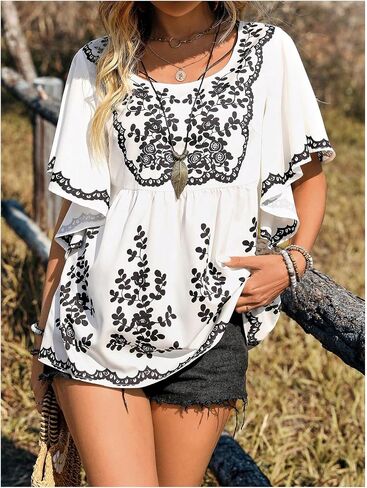 MakeMeChic Women's Floral Ruffle Sleeve Blouse Scoop Neck Peplum Shirt Tops in Saudi Arabia