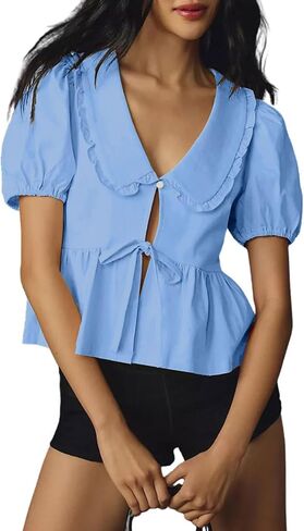 Utcoco Women Tie Tie Tops Front Tops Puff Peplum babydoll قمصان Peter Pan Coquette Coquette بلوزات لطيفة الخروج من قمم in Saudi Arabia