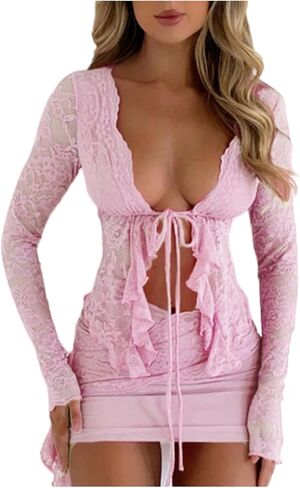 Gorglitter Women's Lace Tie Tops Tops Mesh Ruffle Bow Long Longe See من خلال قميص بلوزة Dary Casual 2025 in Saudi Arabia