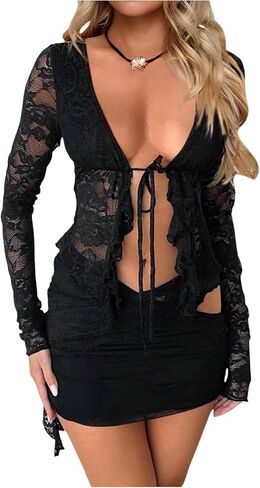 Gorglitter Women's Lace Tie Tops Tops Mesh Ruffle Bow Long Longe See من خلال قميص بلوزة Dary Casual 2025 in Kuwait